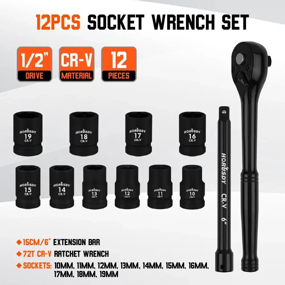 SEDY 12Pcs 1/2" Drive Socket Wrench Set CR-V 72T Ratchet Metric 10-19mm Holder — image 3