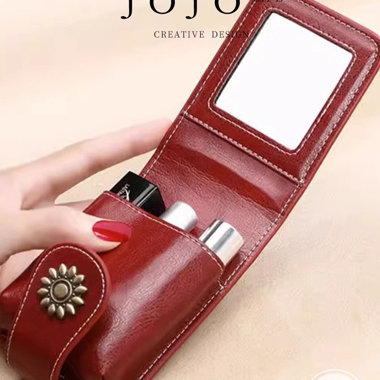 Black Sleek Compact PU Leather Flap-Top Lip Gloss Organizer with Built-in Mirror β image 2