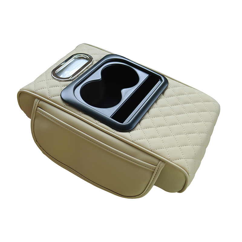 GT-6 Embroidery Beige,Multifunctional Car Armrest Storage Box Cushion - Universal Fit with Cup Holder and Tissue Dispenser