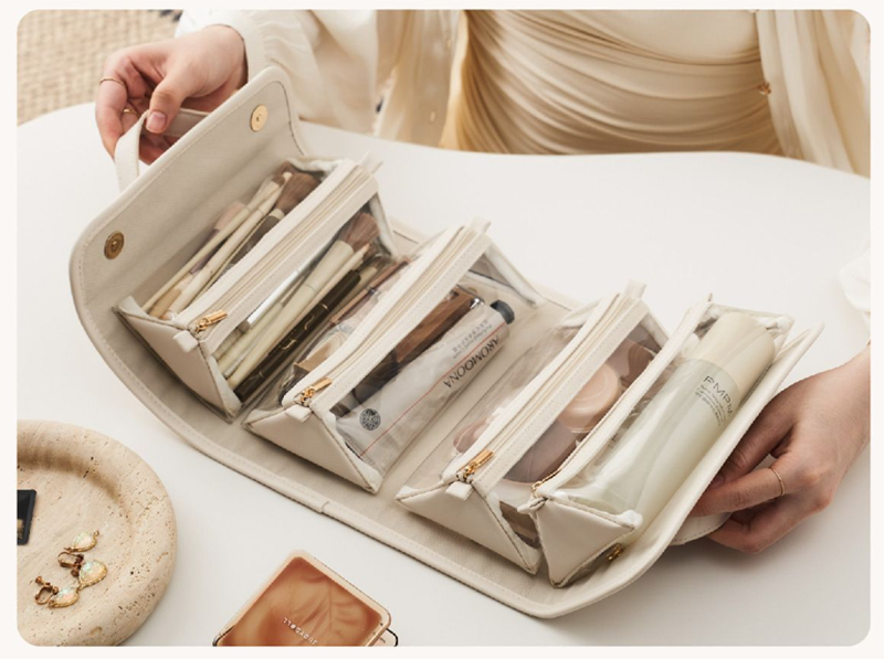 White Roll-Up Travel Makeup Bag - Compact Cosmetic Organizer with Multiple Compartments โ image 4