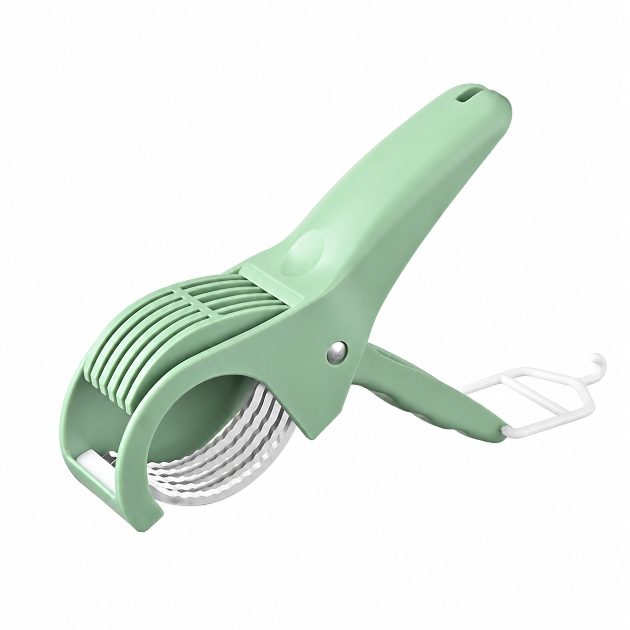 Green Multifunctional Fruit and Vegetable Slicer - Stainless Steel Blades, ABS Handle - One-Press Uniform Slicing for Banana, Cucumber, Ham, Kitchen