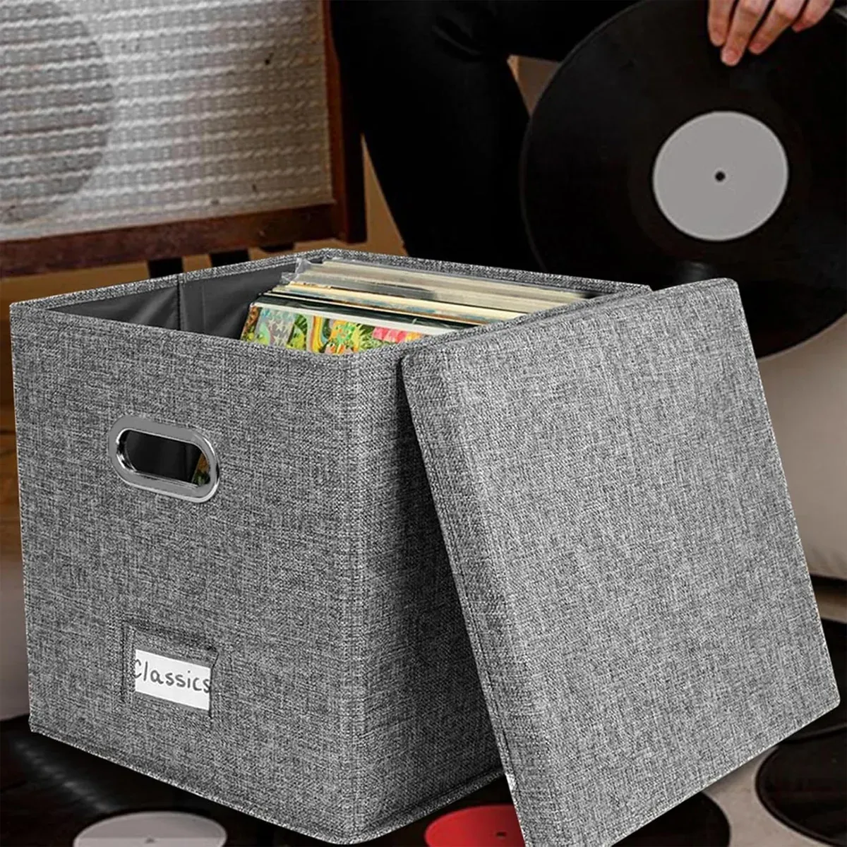 Linen Fabric Vinyl Record Storage Box Foldable With Lid Included Dustproof โ image 5