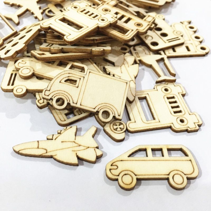 Natural Wood Slices 30pcs Laser Cut Wood Embellishment Wooden Transportation Truck Car Helicopter Shape Craft — image 5