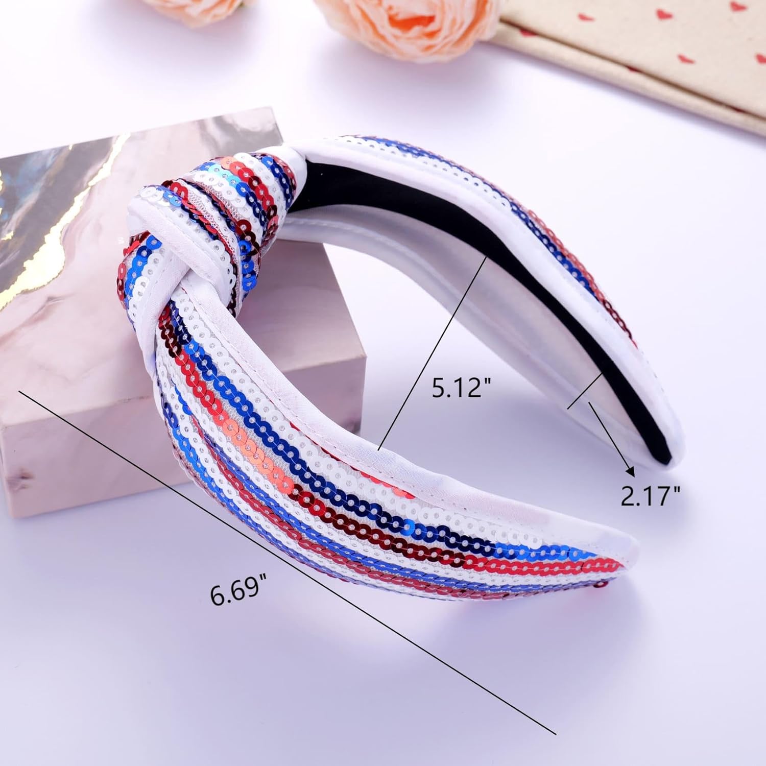 Kvekstio 4th of July Patriotic Headband for Women, Red White Blue American Flag Sequin Knotted Head Band Memorial Day Celebration Gift, Independence Day — image 6