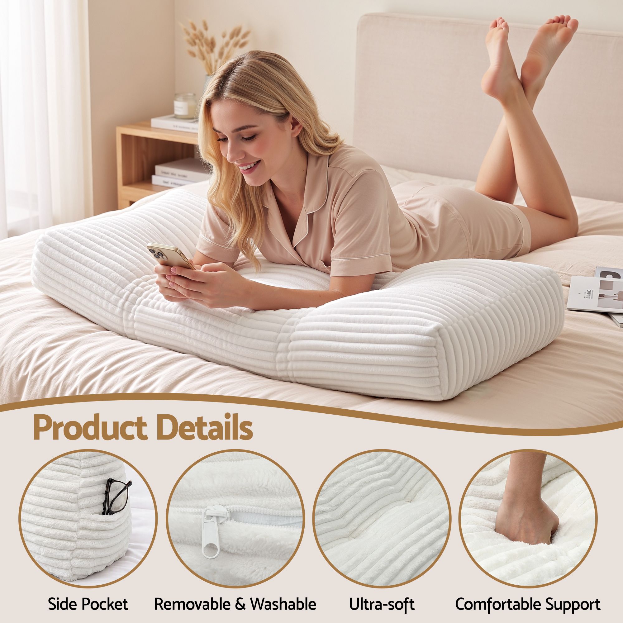 Giselle wedge pillow headboard with non-flattening shredded foam core, perfect for dorm reading or sofa lap desk, 330g corduroy cover, side pockets, King — image 4