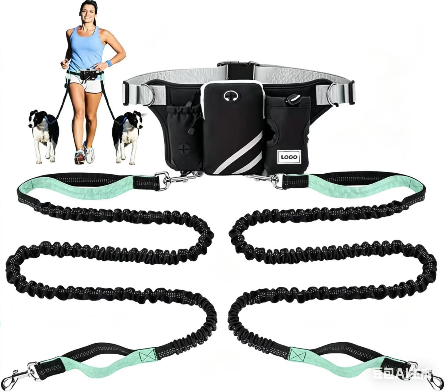 Hands-Free Dual Dog Leash Waist Pack for Running, Walking, and Hiking – Adjustable Oxford Belt with Reflective Strips, Shock-Absorbing Bungee Leashes, 360°