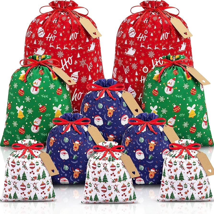 Black and white checkered Christmas Gift Drawstring Bags Set - Festive Burlap Style Pouches for Candy & Apples - Holiday Decoration - 10 Pcs — image 2