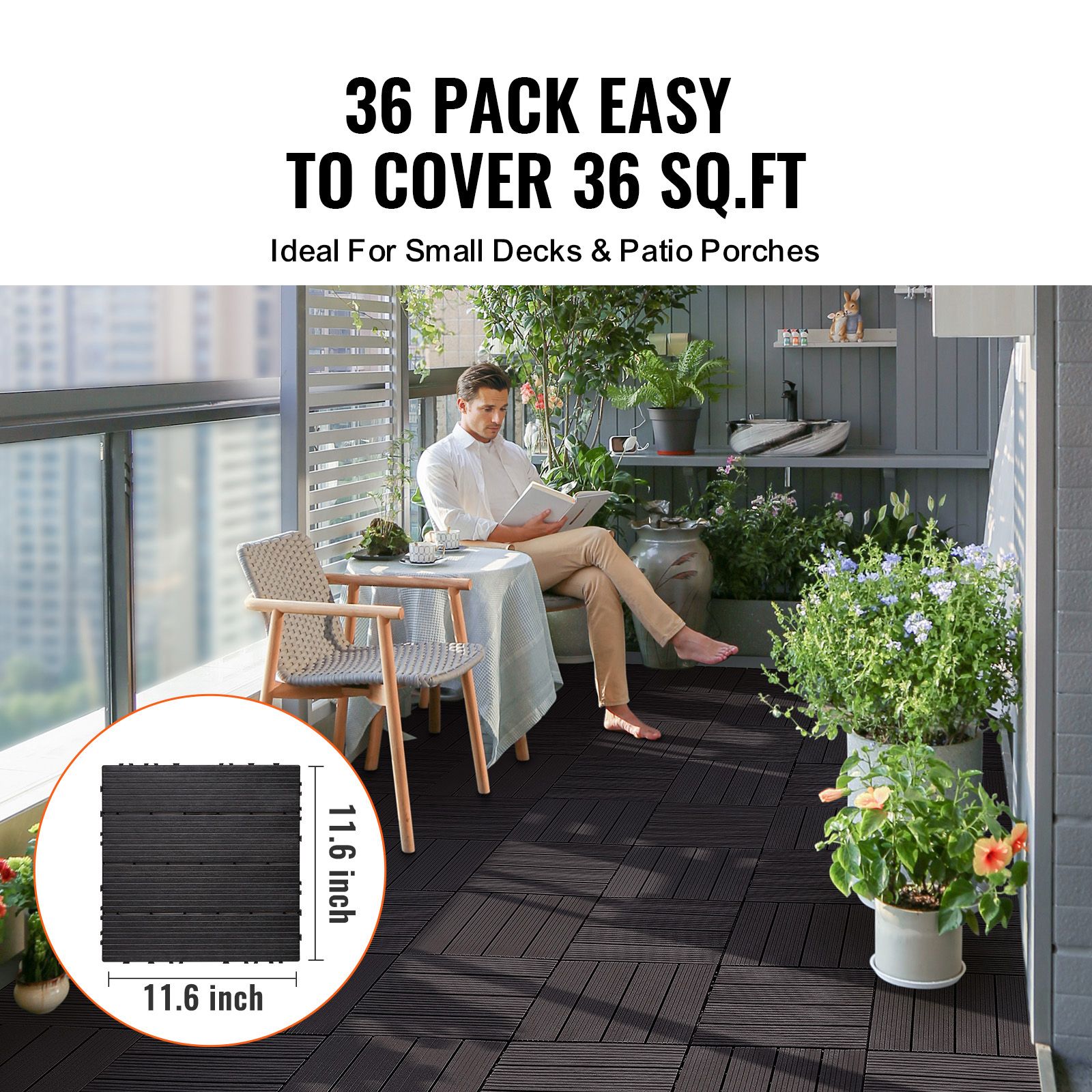 Interlocking Deck Tiles, 36 Pack,11.6"x11.6" 36 sq. ft Plastic Waterproof Outdoor Flooring All Weather Use, Patio Floor Decking Covering Tiles for Porch — image 2