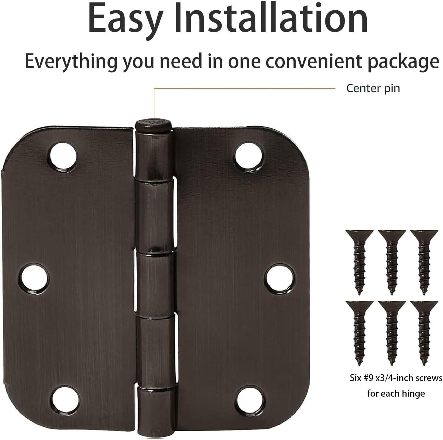 20 Pack Matte Black Door Hinges 3x3 Inch Standard Bedroom Door Hinge,Black Hinges for Interior Doors Rounded 5/8" Radius Corners Iron Hinge Door Round Hinge — image 2