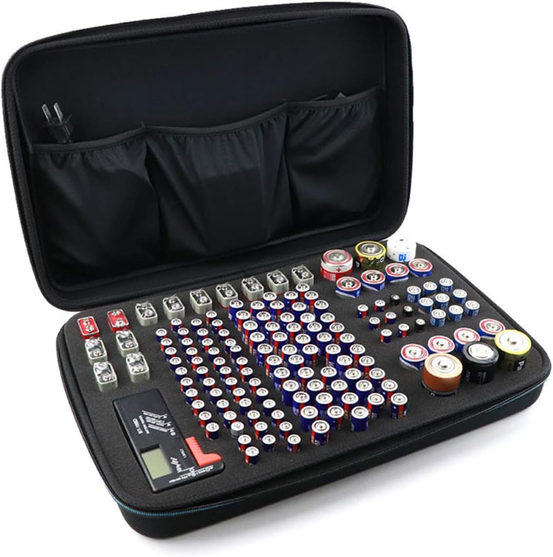 Black EVA Battery Organizer Case with Zipper - Holds 146 Batteries (6D 8C 13 9V 61AA 58AAA) - 42x26.5x9.5cm โ image 3