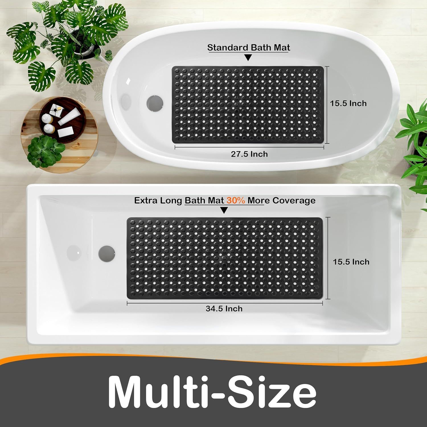 Non-Slip Bathtub Mat with Drain Holes and Strong Suction Cups, Machine-Washable Shower Mat for Inside Tubs, Black, 87.6 × 39 cm — image 5