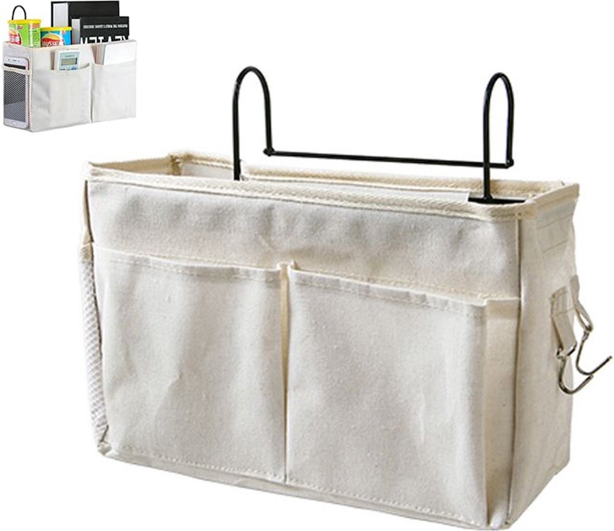 Bedside Pocket - Bed Organizer With Frame - Bed Storage Bag - Cotton - Bed Storage Bag - Bedside Table - Bedside Organizer - Bedside Pocket Storage Bag - White