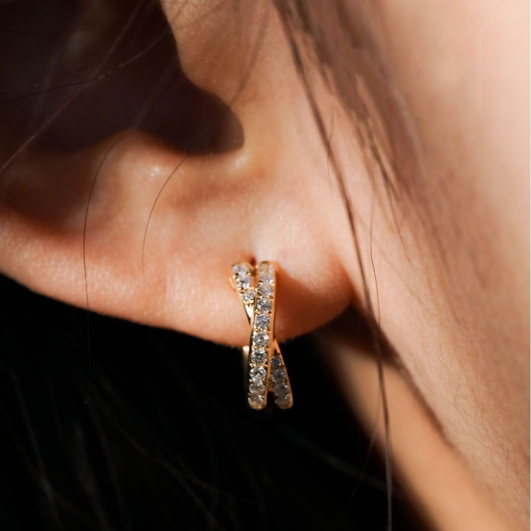S925 Sterling Silver Cross Double Row CZ Ear Cuff - 18K Gold Plated Solid Twisted Hoop Earrings for Women - Delicate Fine Jewelry for Daily Wear - Gold Small — image 4