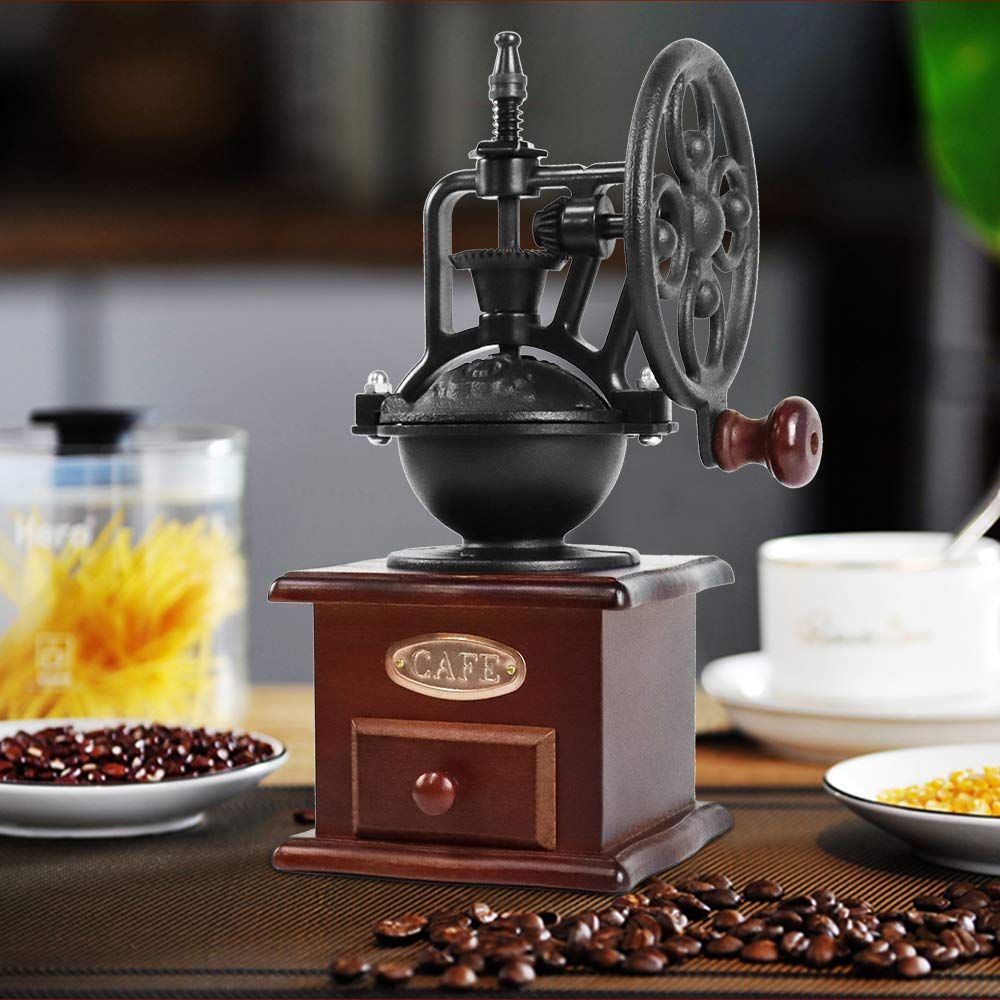 Wooden Coffee Bean Grinder Manual Coffee Grinder Roller, Antique Coffee Mill with Cast Iron Hand Crank for Making Mesh Coffee — image 2