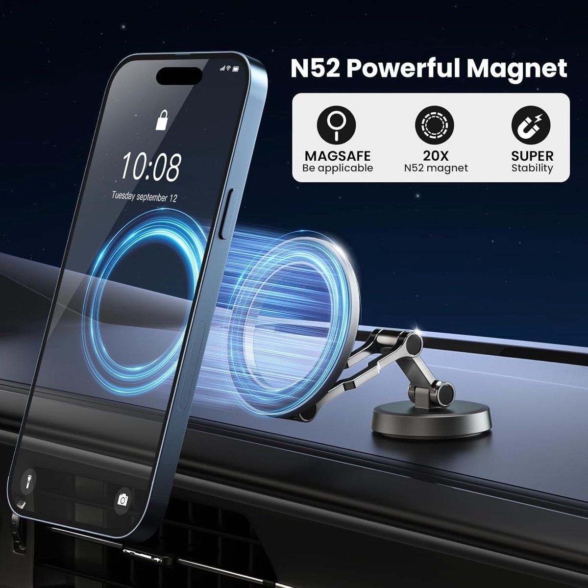 Full Metal Magnetic Car Phone Holder, Rotatable Dashboard Mount for Secure Hands-Free Navigation, Compatible with Most Smartphones, Black — image 5