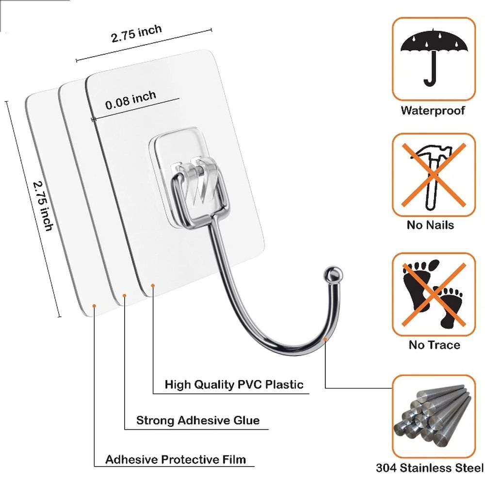 Large Adhesive Hooks for Hanging Heavy Duty 22 lbs Robe & Towel Hanger, Waterproof Adhesive Wall Hooks for Home,Office- 6 Pack — image 3