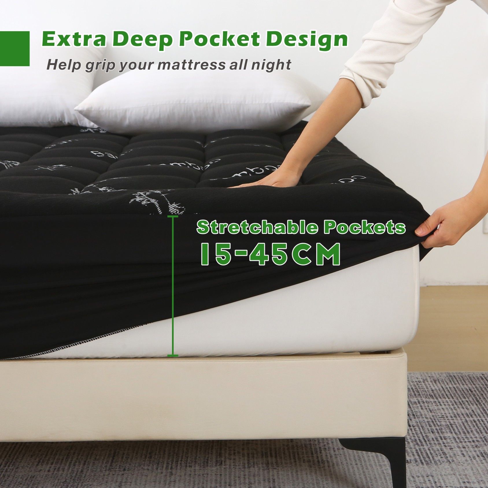 800GSM Mattress Topper Viscose Derived from Bamboo, Thick Pillowtop Fitted Mattress Cover with 45cm Deep Skirt - Machine Washable Hypoallergenic(King,Black) β image 2