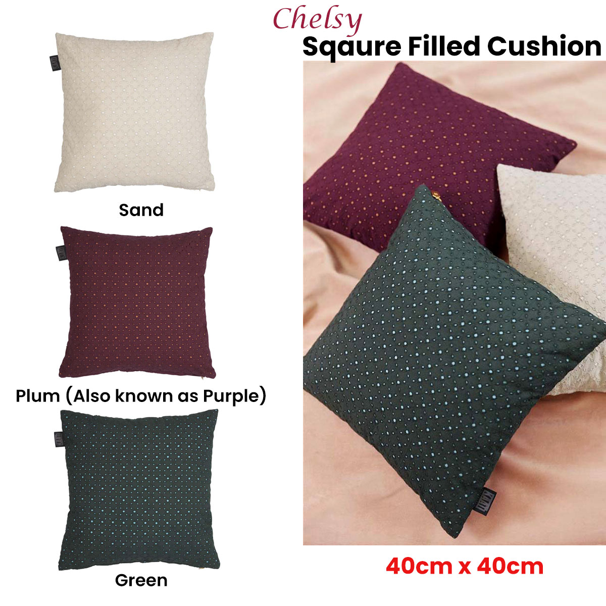 Bedding House Chelsy Plum (Also Known as Purple) Square Filled Cushion 40cm x 40cm — image 3