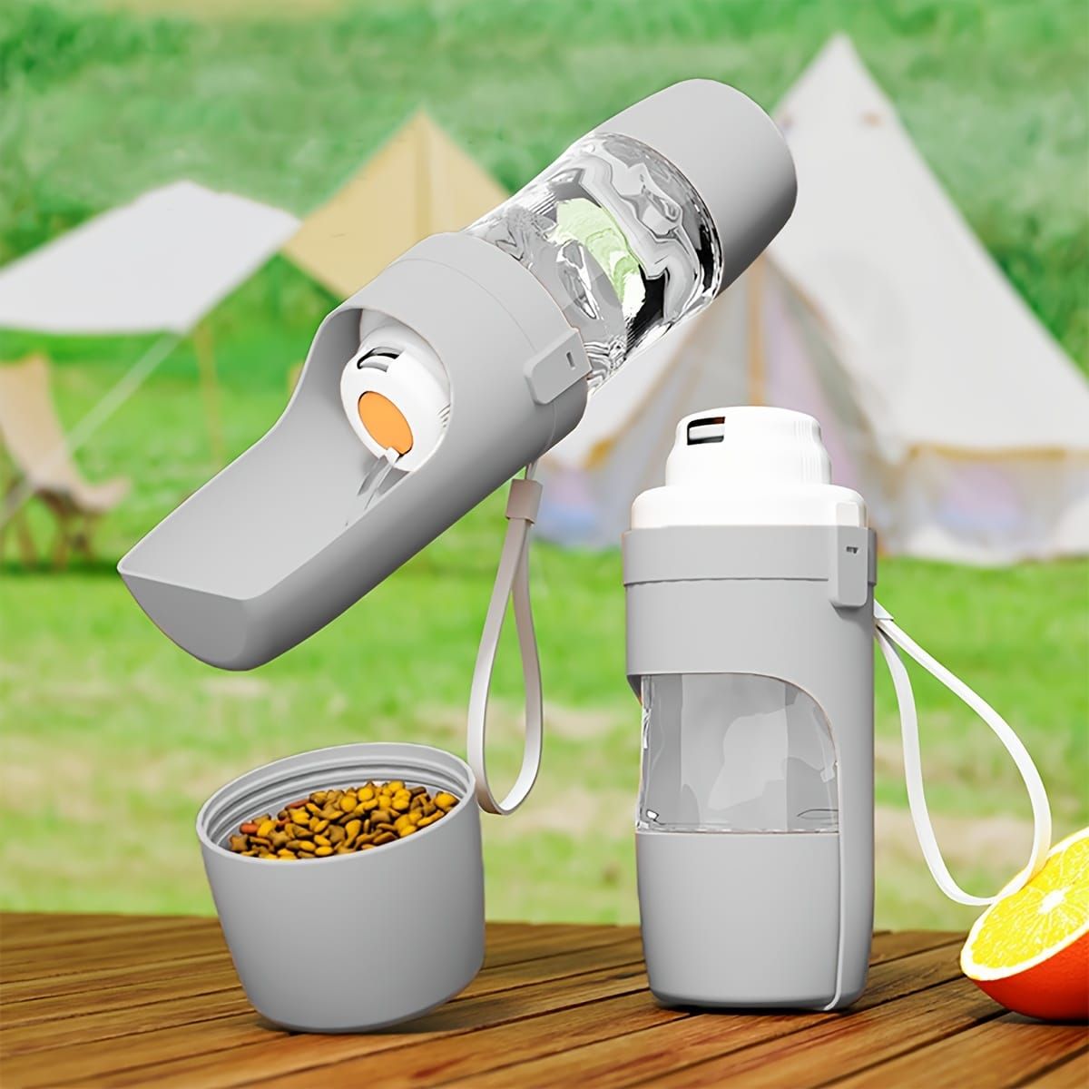 Portable Dog Water Bottle – Leak-Proof Pet Water Dispenser with Food Storage, Ideal for Outdoor Walks, Camping, and Travel (Grey) — image 2