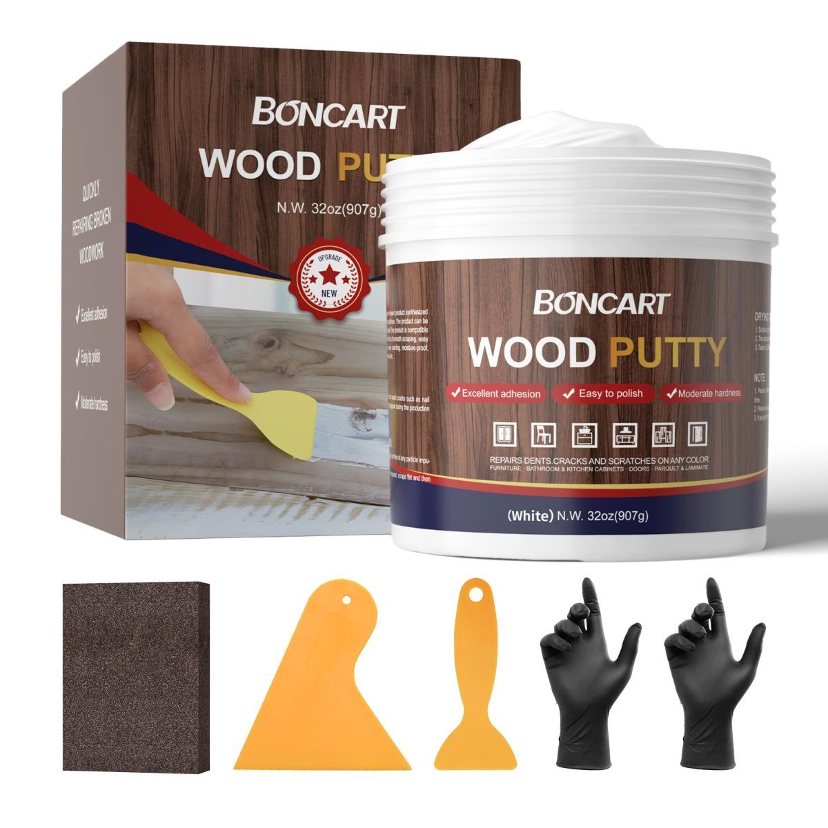 Wood Filler, White Wood Putty | Paintable, Sandable, Furniture Repair Kit for Quickly Fixing Broken and Defective Wooden Furniture - White - Size 243g