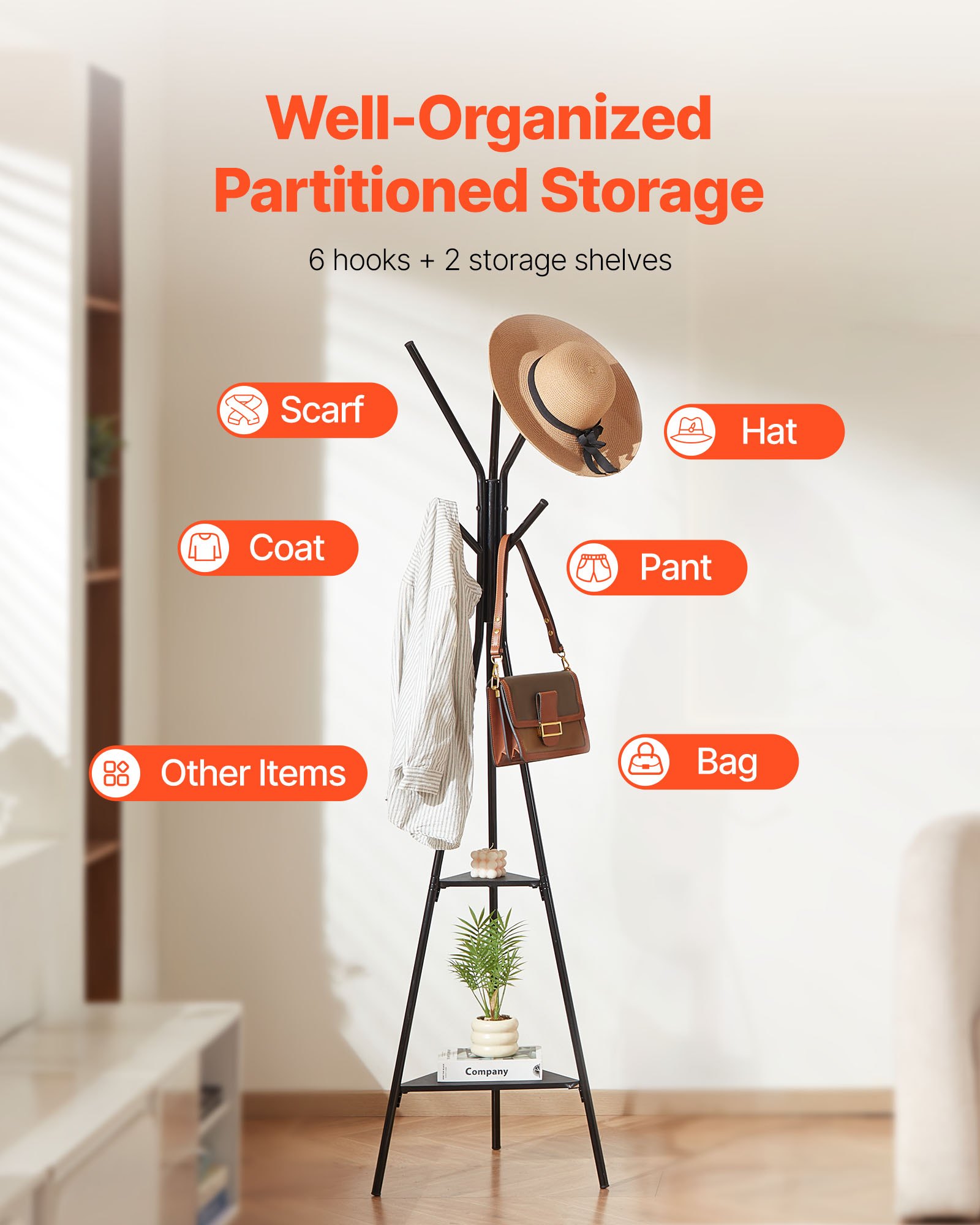 Gold Coat Rack, Freestanding Coats Rack Stand with 2 Shelves & 6 Hooks, Free Standing Hall Coat Tree — image 5