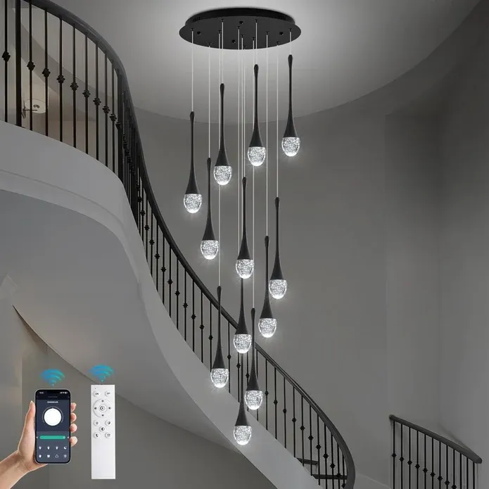BAMDECOR LT08 12-Heads Solid Crystal Teardrop Chandelier High Ceiling Foyers Entrance Chandeliers Staircase Long Pendant Light (Black) — image 3