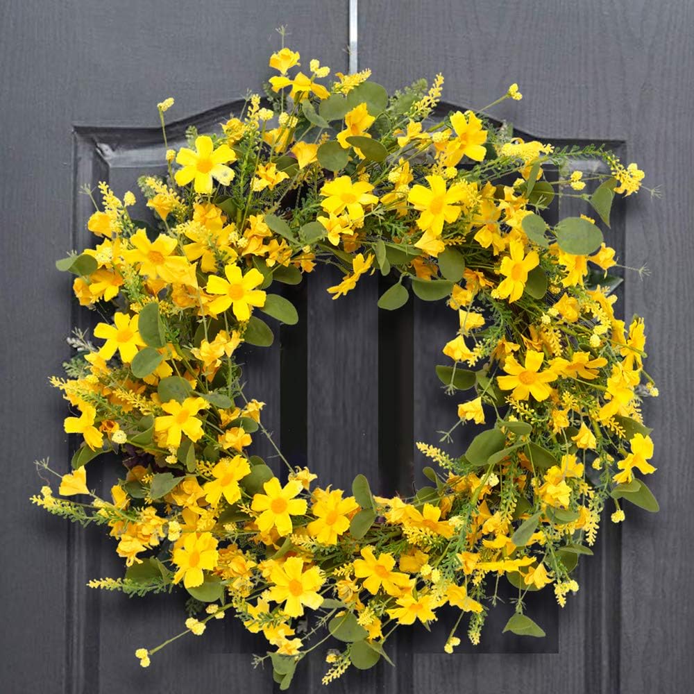 Artificial Spring Wreath 22 Inch Summer Wreaths for Front Door Yellow Daisy Wreath for Indoor Outdoor Home Decor and Easter Celebration — image 5