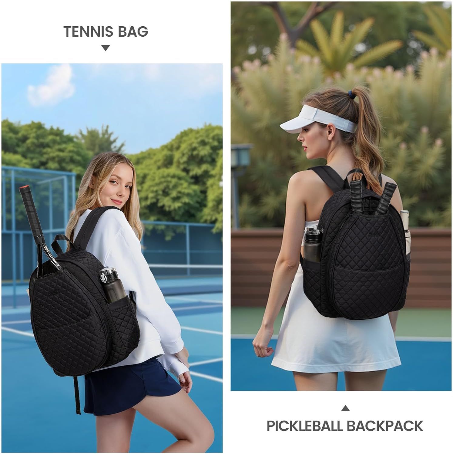 Black Large Tennis & Pickleball Quilted Backpack and Sports Travel Tote for Men and Women - Racket Compartment, 2 Side Pockets & Multi-Pocket Organization — image 5