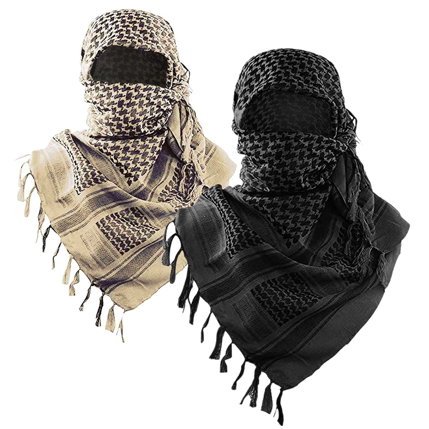 2-Pack 110x110CM Military Shemagh Cotton Tactical Desert Scarf (Black + Khaki) - Versatile Protective Face Mask and Head Wrap for Motorcycling, Paintball &