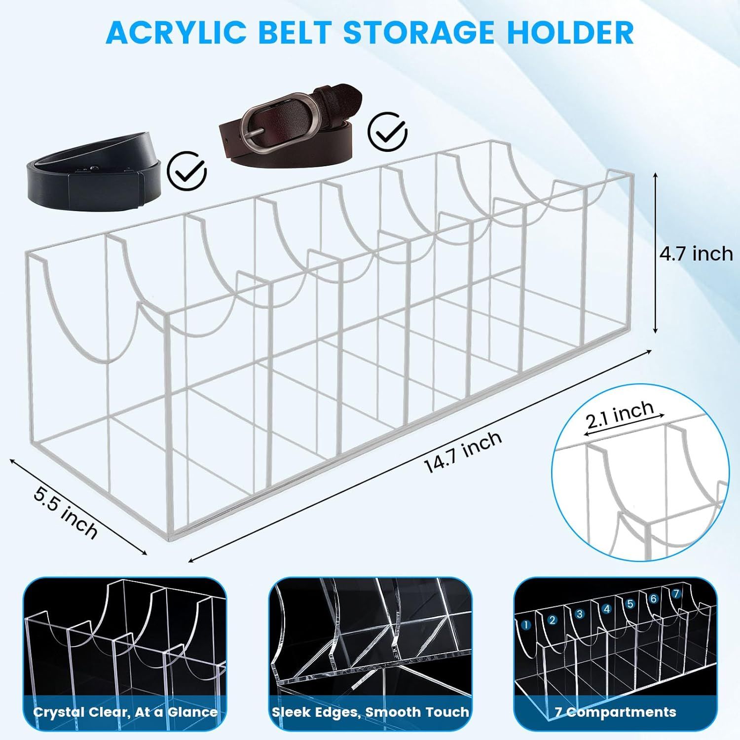 Belt Organizer, Acrylic Belt Storage Holder for The Closet 7 Compartments Display Case for Tie and Bow Tie — image 3