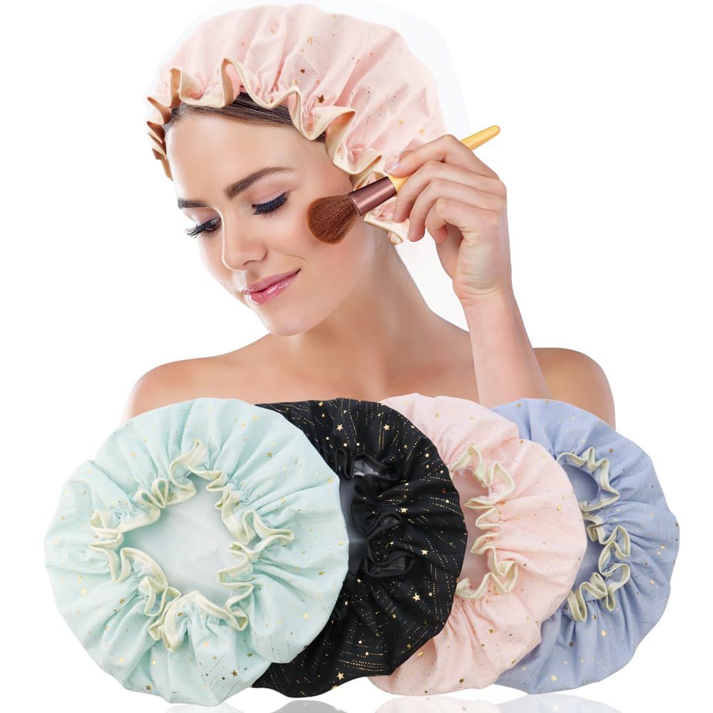 4 Pieces Shower Caps for Women, Double layer shower cap, Elastic Reusable Bathing Hair Cap Environmental Protection Hair Bath Caps — image 2