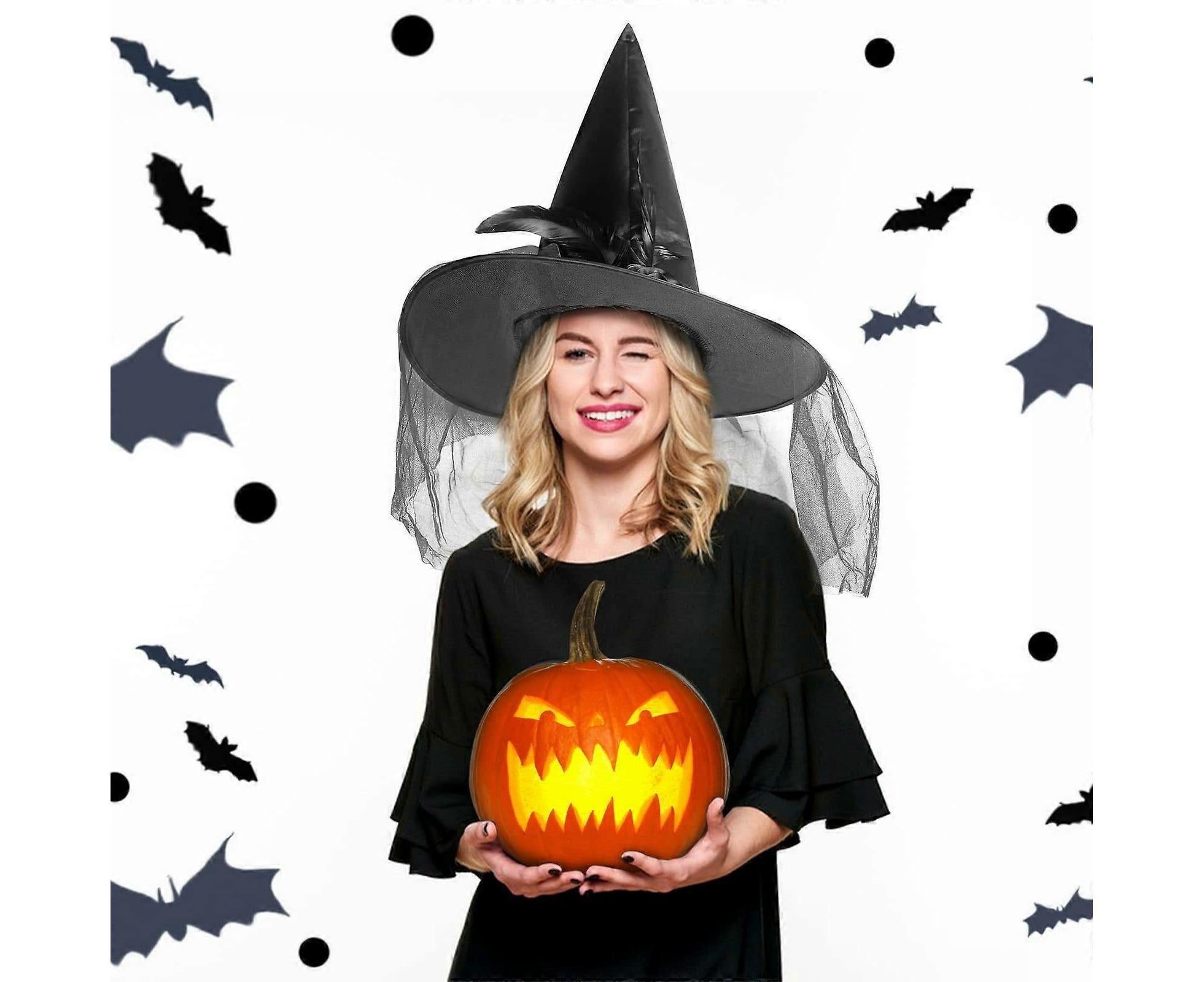 Halloween Witch Hat - Halloween Costume Witches Hats for Women attached with Roses & Feathers-Black — image 2