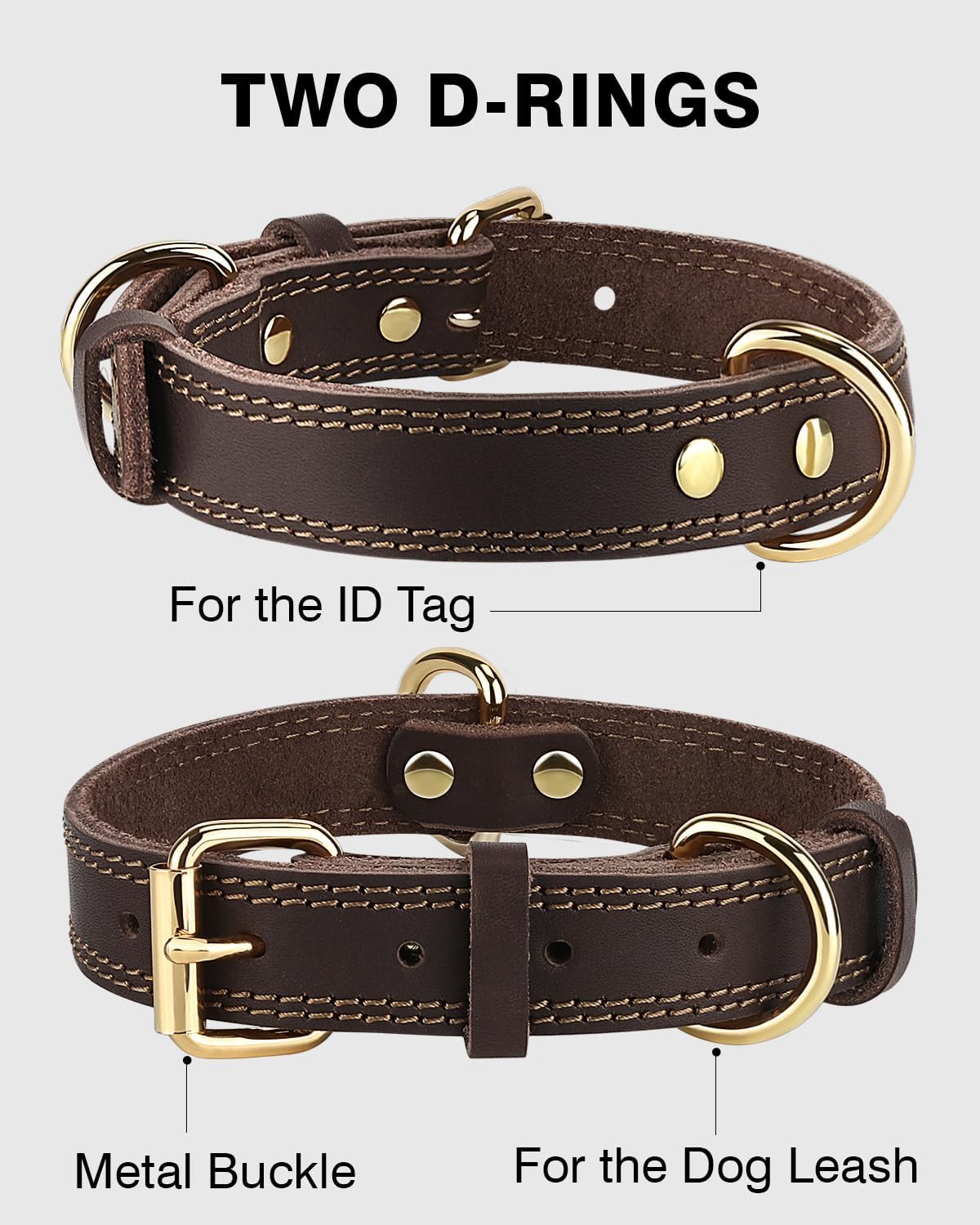 Genuine Leather Dog Collar for Large Dogs, Heavy Duty Thick Solid Power Breeds, Sturdy Adjustable Pet with Metal Pin Buckle, Durable Daily Walking, Brown, L — image 3