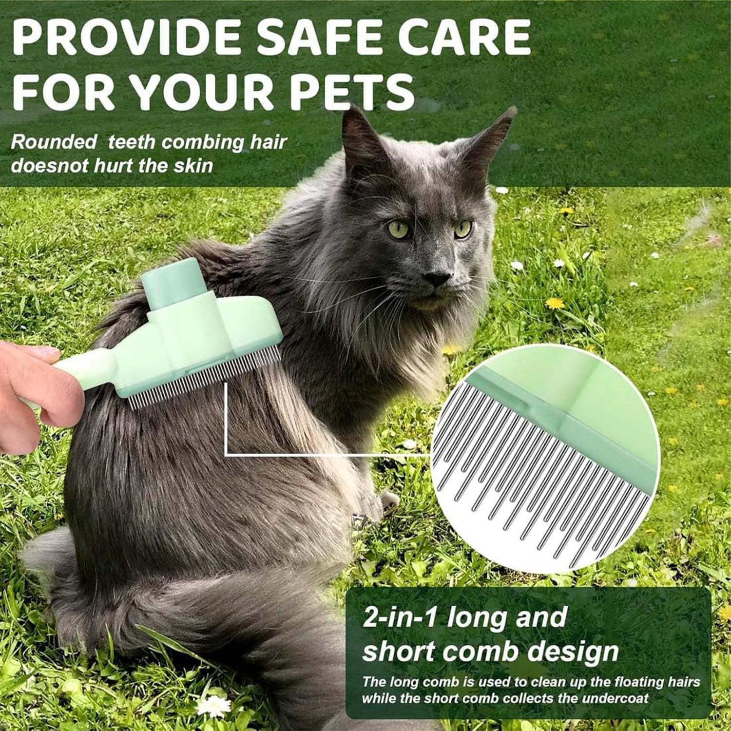 Pet Comb for Cats,Pet Hair Removal Comb Flea Comb with Release Button (Green) — image 2