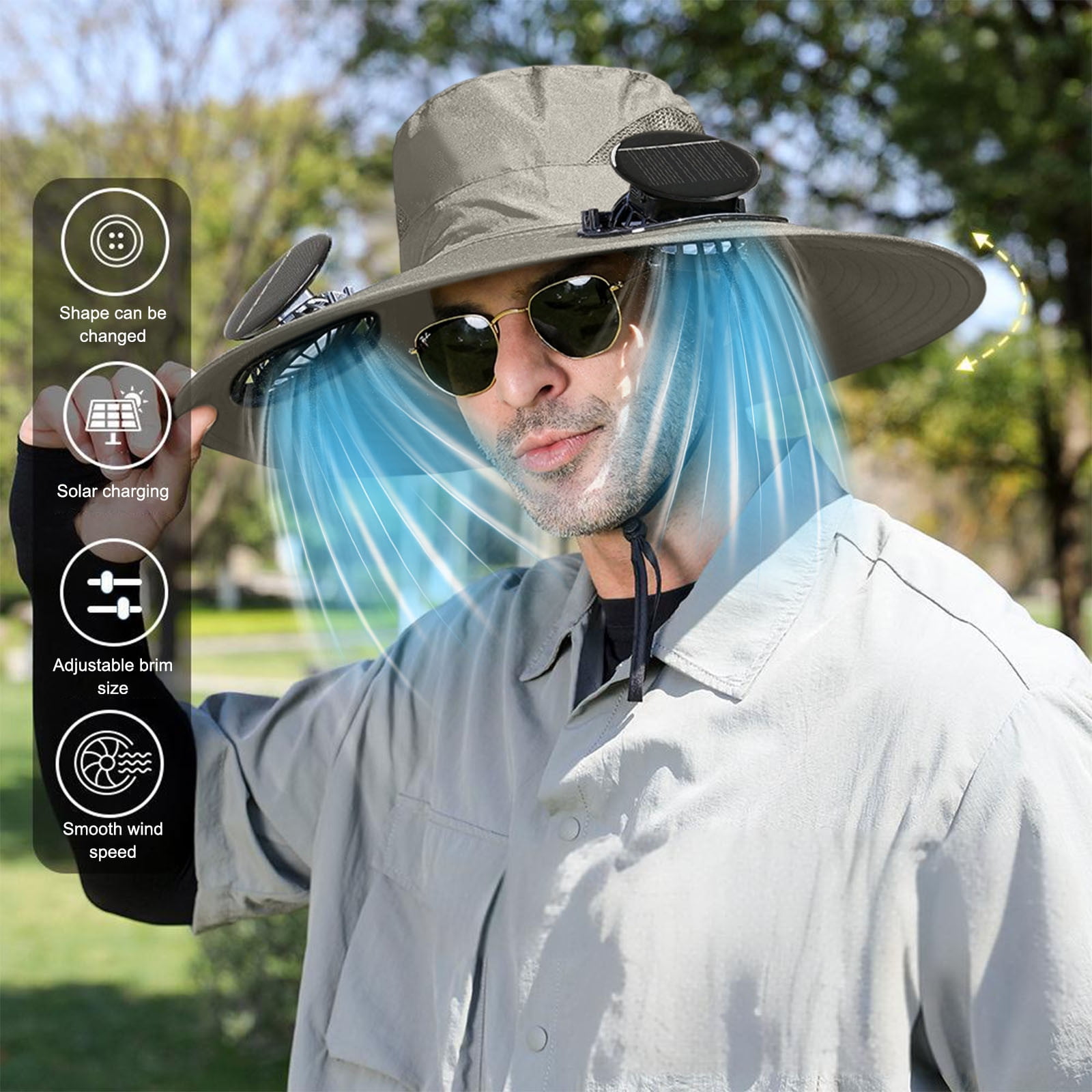 Solar Fan Hat Wide Brim Solar Fan Hat Outdoor Wide Brim Sun Hat with Solar Fan Fishing Hat, Removable & USB Charging Fan B-Gray โ image 5