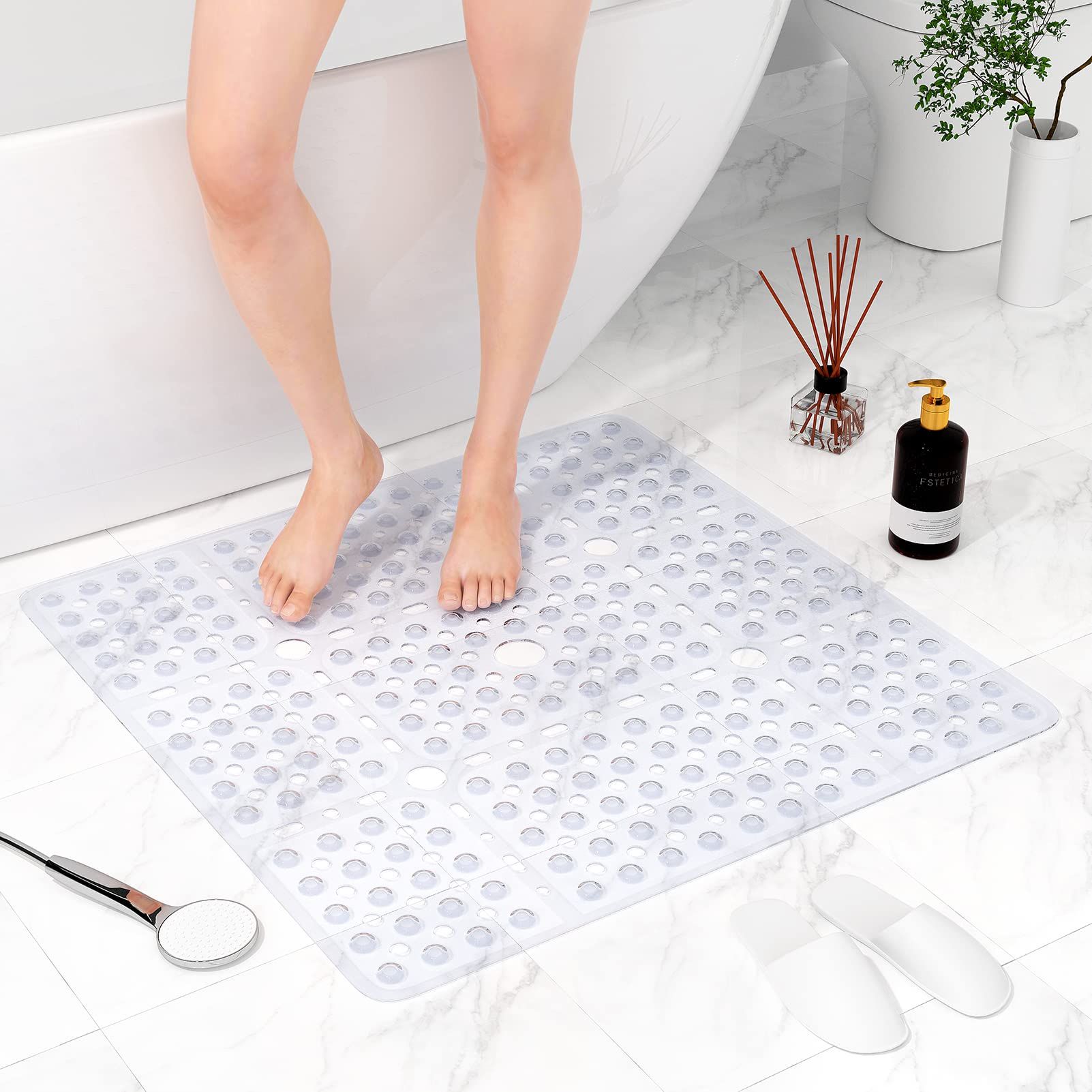 Large Square Shower Mat Non Slip - 27x27inch Shower Mats -Secure Suction Cups and Drain Holes - Machine Washable - Clear — image 2