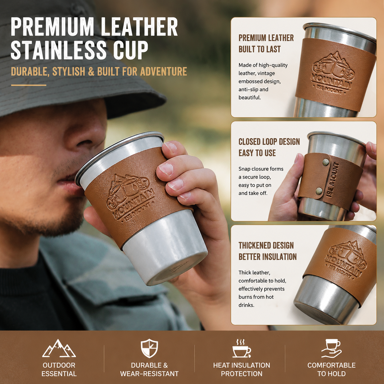 Red 304 Stainless Steel Camping Coffee Cup with Leather Sleeve – 350ml Portable Outdoor Drinking Cup, Beer Cup, Travel Mug for Camping, Hiking, Picnic and — image 4