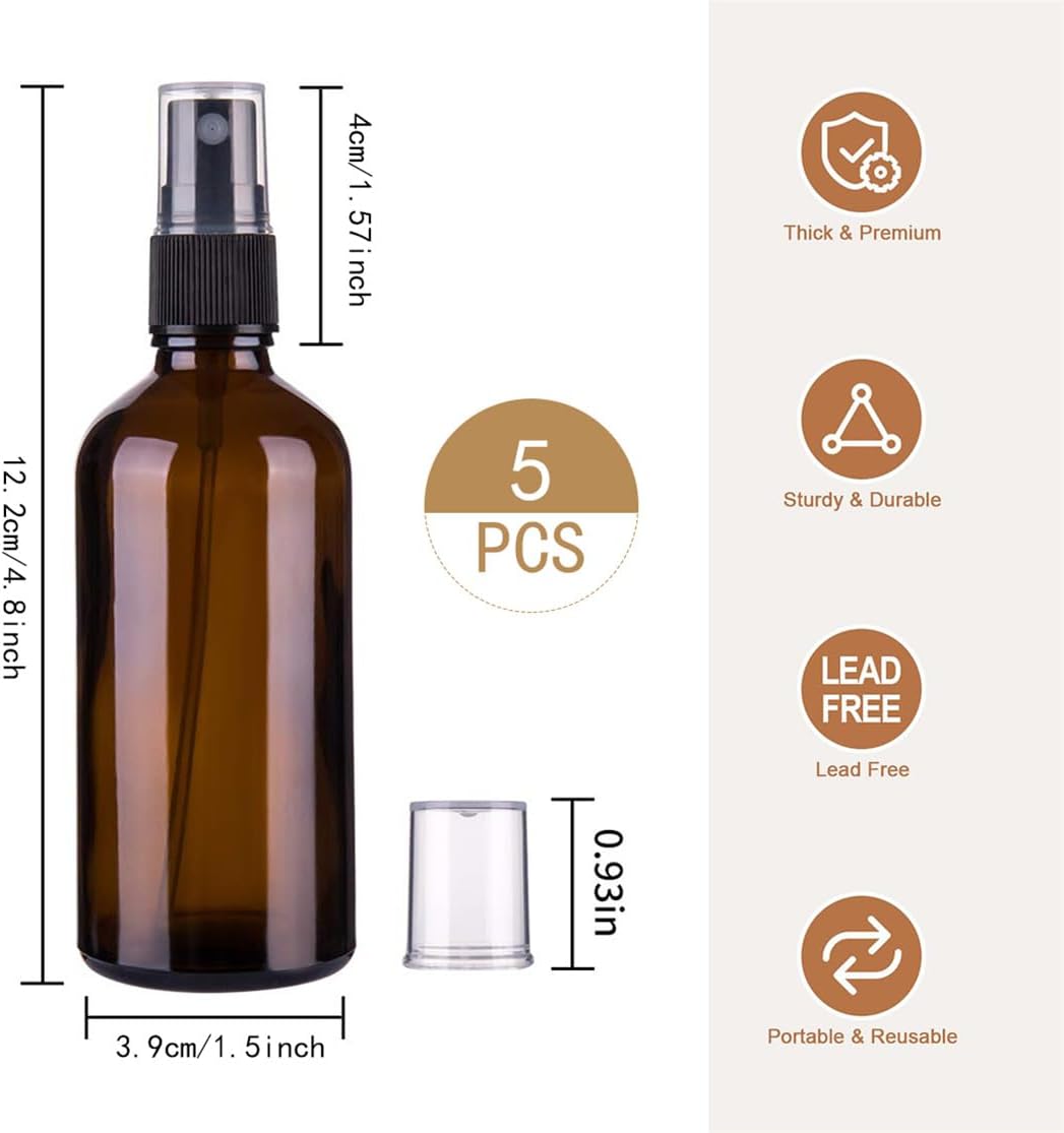 Glass Spray Bottles Amber Empty Spray Bottle Set of 5 Fine Mist Small Spraying Bottle with Funnel and Labels for Essential Oil Perfume Hair, 1.7oz — image 3