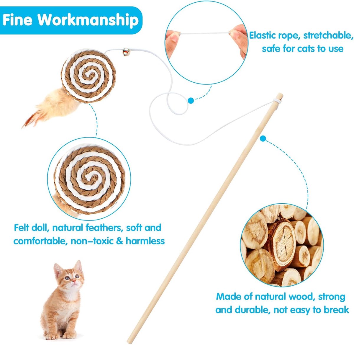 2 interactive cat tease sticks - cat stick toy set - cute paper balls and paper circles - attract your cat's attention — image 2