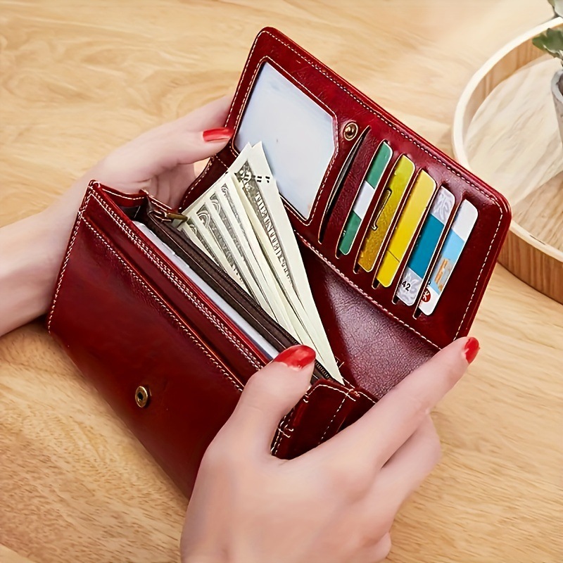 Red Women's Vintage Oil Wax Leather Long Wallet - Elegant Large Capacity Purse with Secure Zipper โ image 2