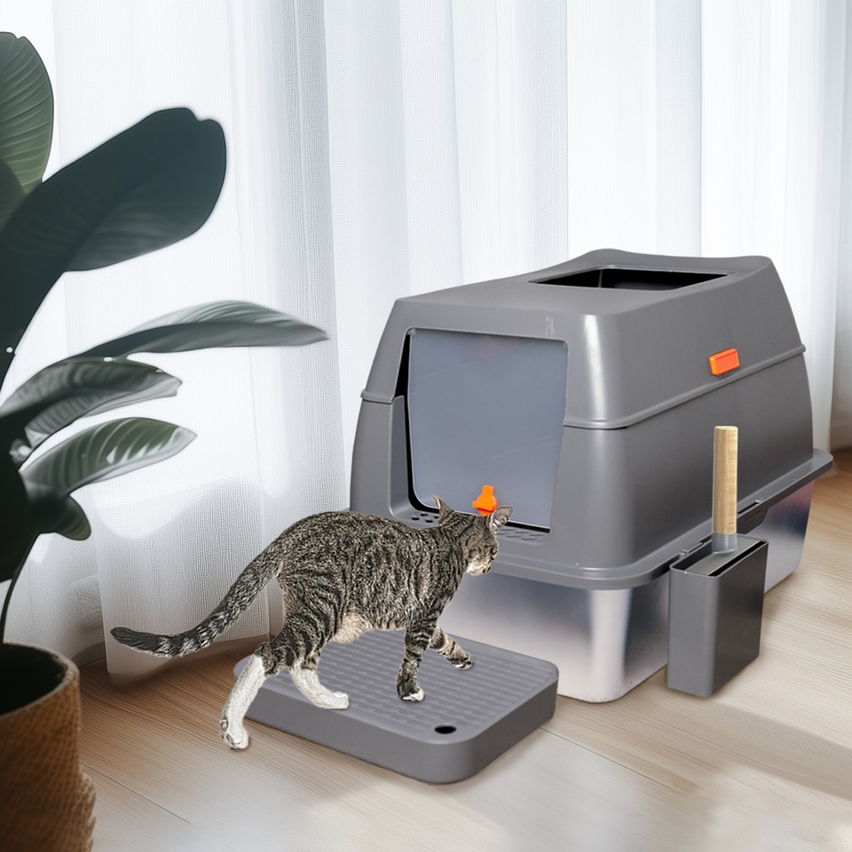 65L Big Cat Stainless Steel Litter Box With Lid High Wall With Triple Pedal Gray — image 3