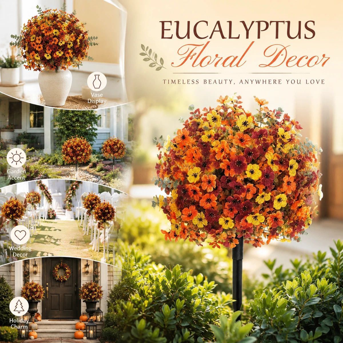 Mixed Autumn Artificial Eucalyptus & Violet Stems Home Garden Stake Photo Prop