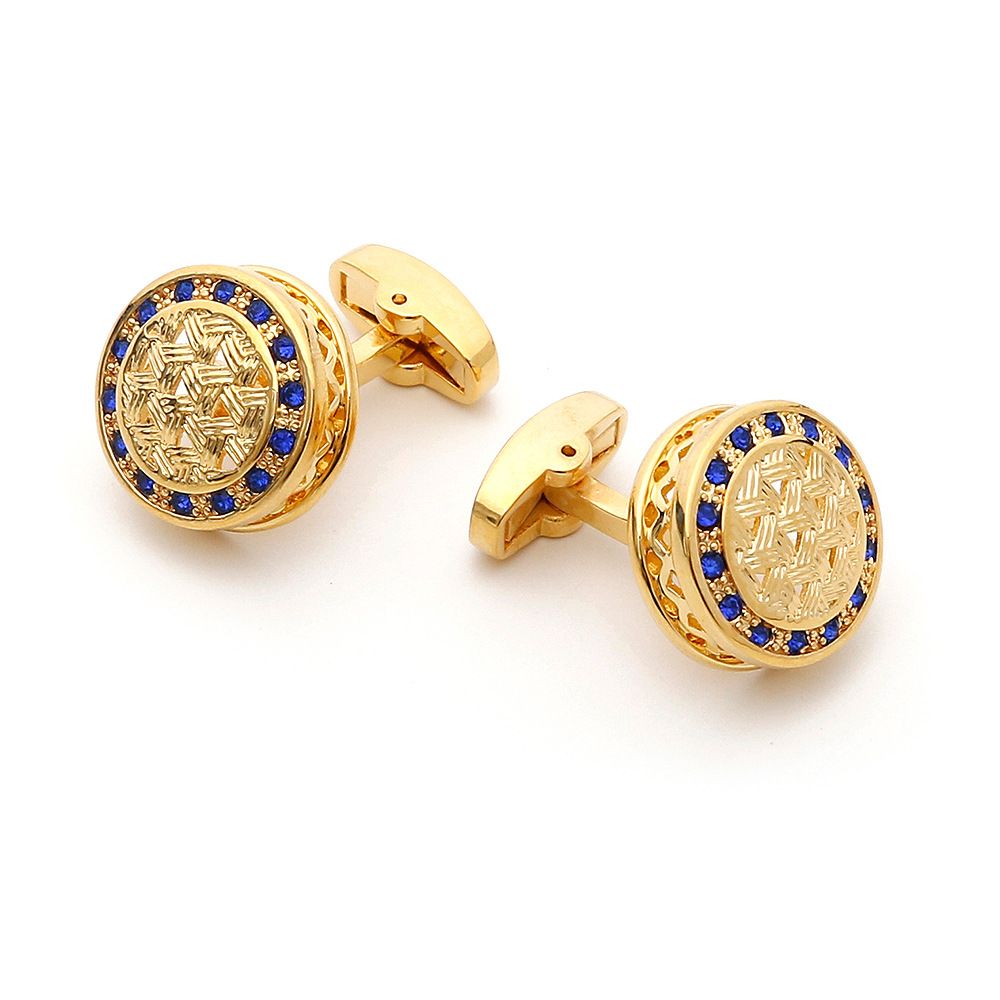 Gold Men'S Cuff Links, Copper Cufflinks Round Blue Cubic Zirconia Men'S Cuff Links Tuxedo Shirts Business Wedding Gift — image 4