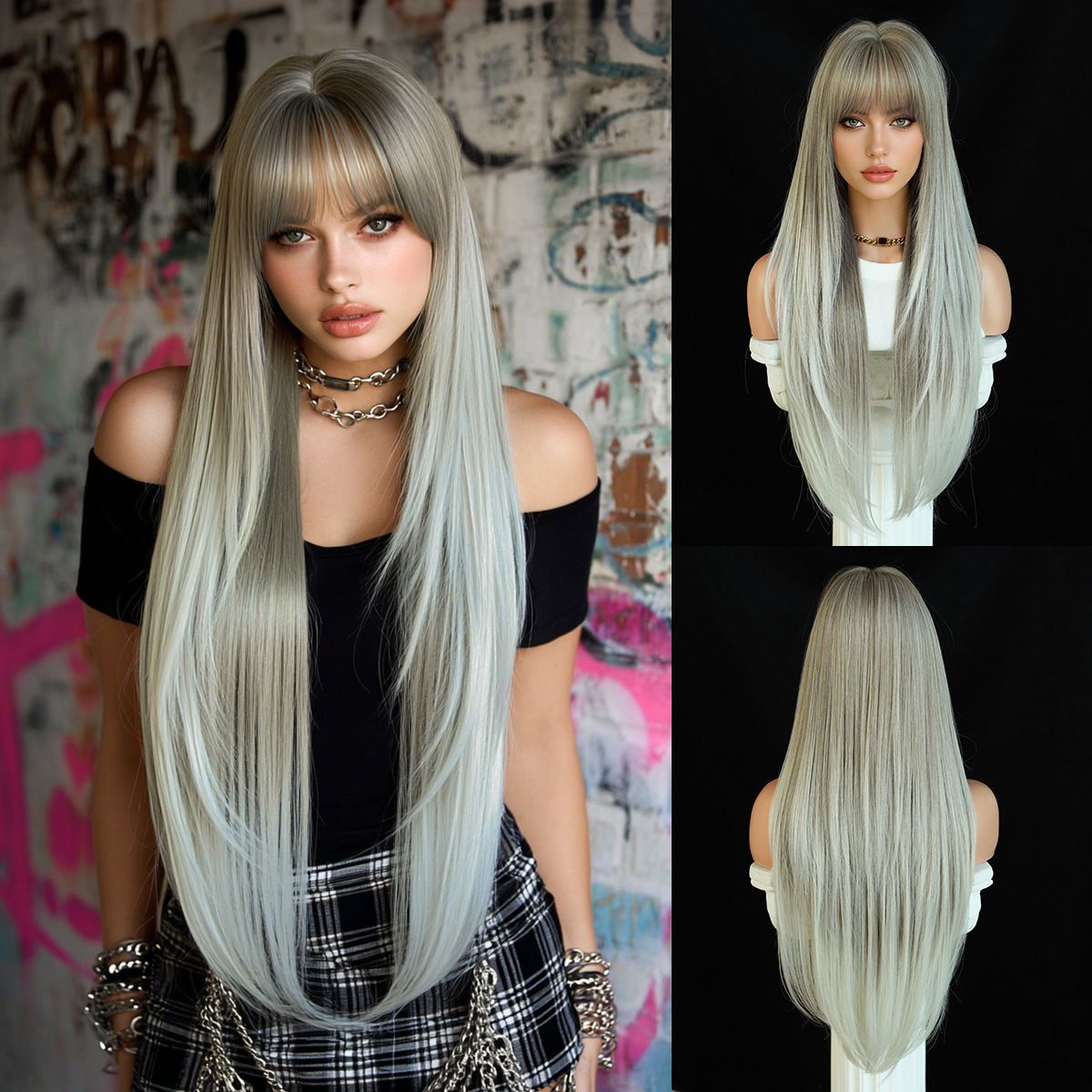 High-Density Synthetic Wig Heat-Resistant Wig Tea-Colored Wig Long Straight Wig - Gradual color - change from white to gray - Size 85cm-33inch