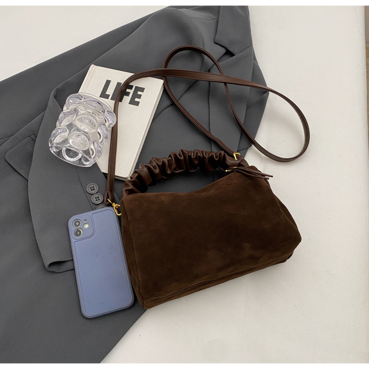 Brown Chic Ruched Handle Crossbody Bag - Womens Faux Suede Top Handle Handbag with Detachable Strap โ image 3