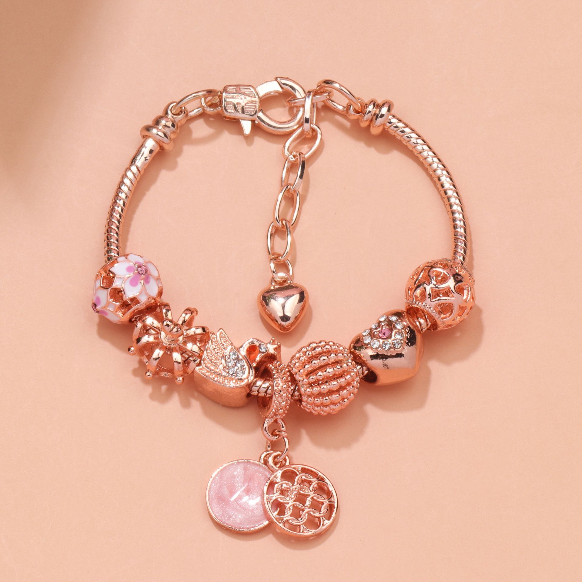 Hollow Crystal-Encrusted Swan Crown Flower Heart Bracelet(rose gold,20cm) — image 4
