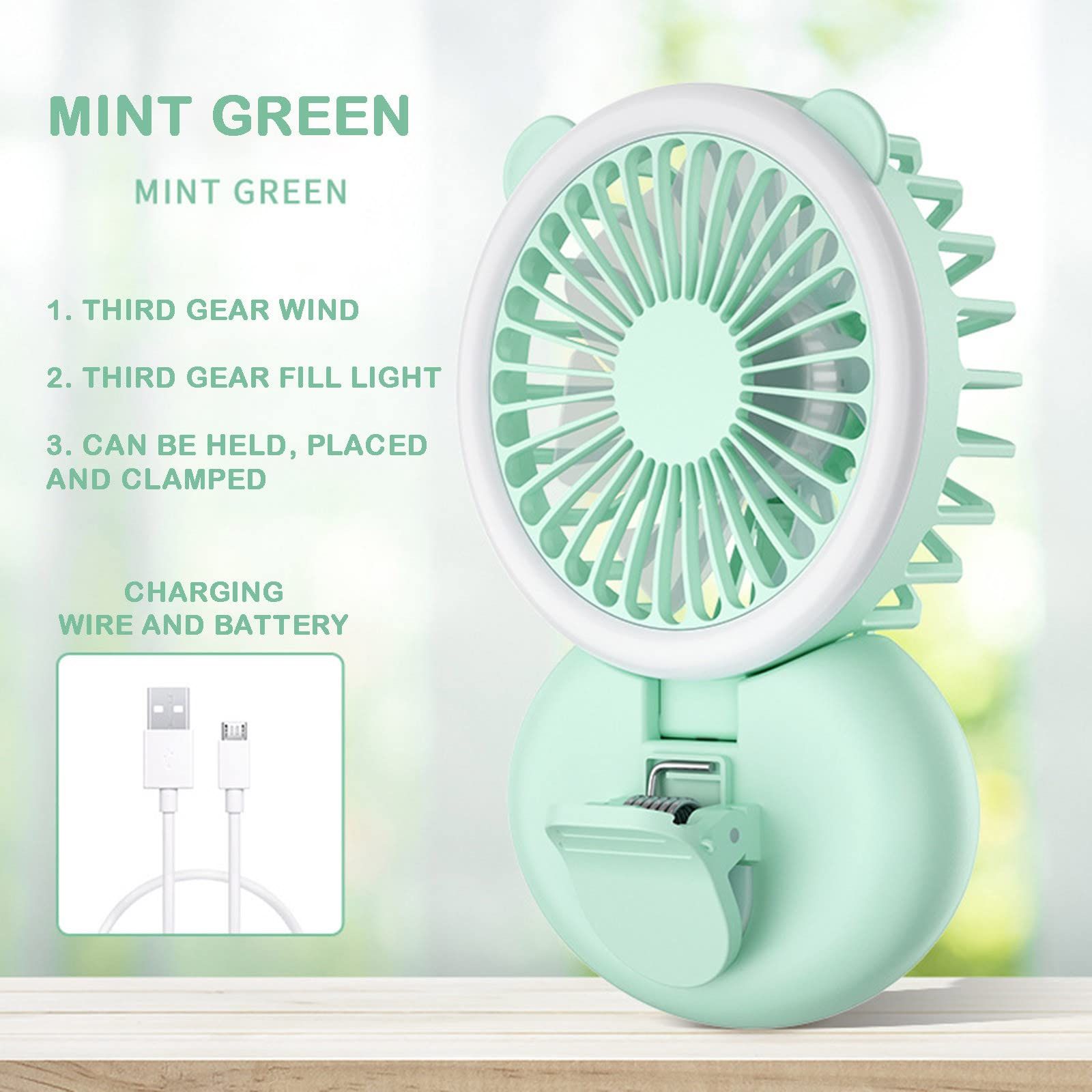 New Mini Clip Light Small Fan Portable Handheld Folding Neck Student Dormitory Desktop USB Charging — image 3