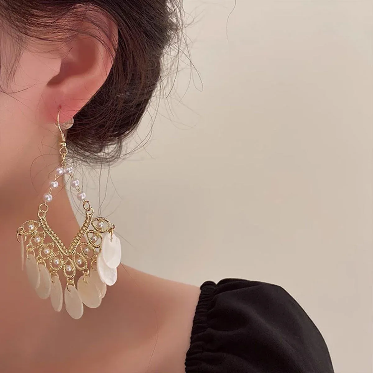 Shell Tassel Earrings Court Style Geometric Scalloped Design Fashion Jewelry โ image 6