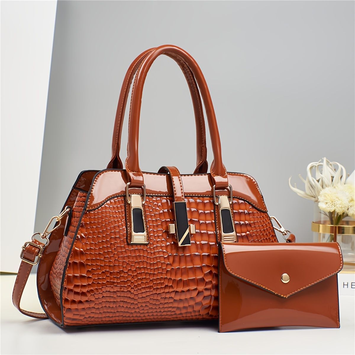 Blue Women'S Handbag Croc-Embossed Handbag Patent Leather Handbag Women'S - Blue - Size 29-13-21 — image 6