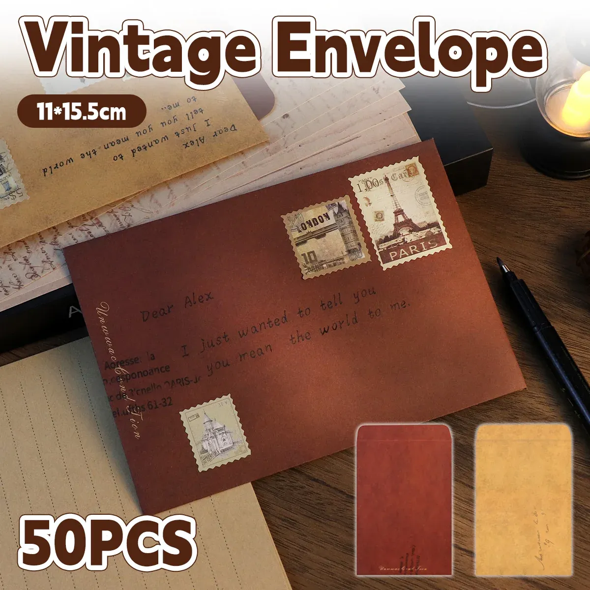 50PCS Vintage Kraft Paper Envelopes Self-Adhesive Durable for Invitations Use - Kraft — image 2